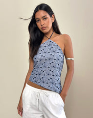 Janisa Halterneck Top in Blue Striped Flowers