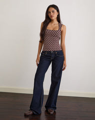 Jinalo Sweetheart Top in Brown with Small Cream Polka Prints