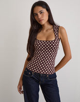 Jinalo Sweetheart Top in Brown with Small Cream Polka Prints
