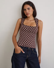 Jinalo Sweetheart Top in Brown with Small Cream Polka Prints