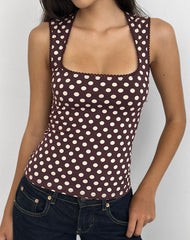 Jinalo Sweetheart Top in Brown with Small Cream Polka Prints