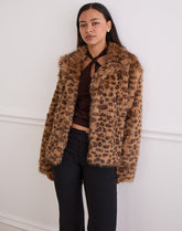 Joji Crop Faux Fur Jacket in Brown Leopard