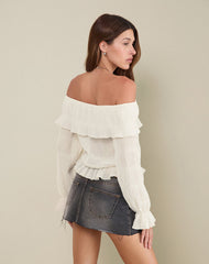 Kalena Long Sleeve Bardot Top in Chiffon Plisse Ivory