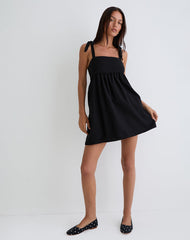Kayla Square Neck Mini Dress in Linen Black