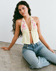 Kayria Tie Top in Lemon with Floral Pink Embroidery