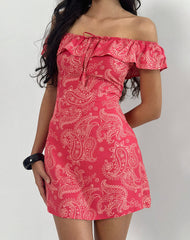 Kenja Bardot Mini Dress in Retro Paisley Pink