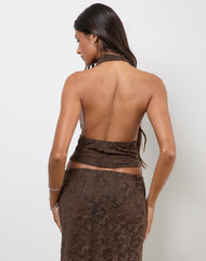 Kylo Halter Top in Jacquard Knit Dark Brown