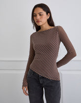 Lakya Long Sleeve Top in Diagonal Stripe Flocked Brown and Cream