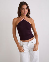 Lay Halterneck Top in Redwood with Pink Lady Binding