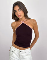 Lay Halterneck Top in Redwood with Pink Lady Binding