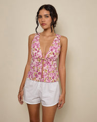Leda Tie Front Top in Blossom Floral Pink