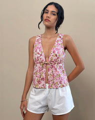 Leda Tie Front Top in Blossom Floral Pink