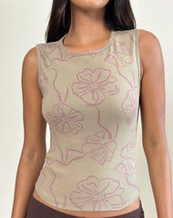 Leen Tank Top in Khaki Hibiscus Doodle Pink