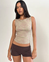 Leen Tank Top in Khaki Hibiscus Doodle Pink