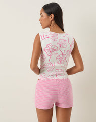 Leen Tank Top in White with Pink Hibiscus Doodle Print