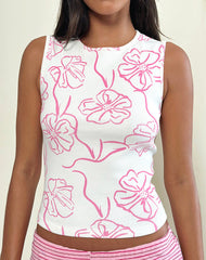 Leen Tank Top in White with Pink Hibiscus Doodle Print
