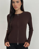Liano Zip Cardigan in Rib Knit Brown