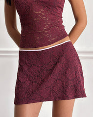 Nidya Mini Skirt in Lace Burgundy with Pink Binding