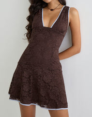 Luscian Mini Dress in Lace Chocolate with Blue Binding