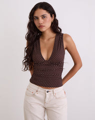 Lycia Plunge Top in Micro Polka Brown
