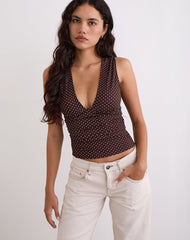 Lycia Plunge Top in Micro Polka Brown
