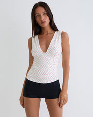 Lycia Plunge Top in White with Red Micro Polka Print