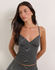 Madira Top in Floral Embroidery Tailoring Charcoal