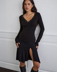 Maivi Long Sleeve Top in Black with Lace Trim