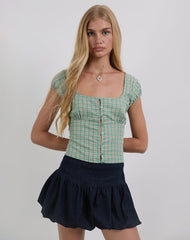 Malsa Scoop Button Blouse in Teal Check