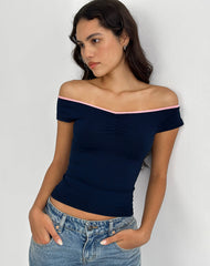 Mayomi Off the Shoulder Top in Navy with Pink Binding