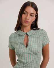 Medora Keyhole Mini Dress in Teal Check