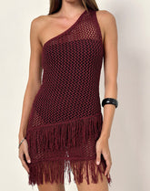 Meloka Asymmetric Fringe Mini Dress in Berry