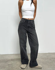 Mid Rise Turn Up Straight Jeans in Washed Black Grey
