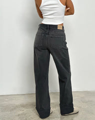 Mid Rise Turn Up Straight Jeans in Washed Black Grey