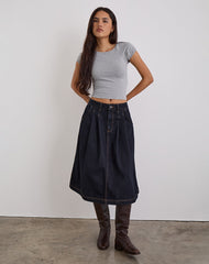 Pleated Midi Denim Skirt in Indigo