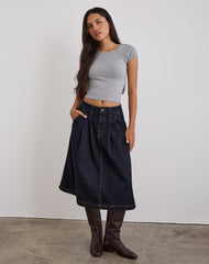 Pleated Midi Denim Skirt in Indigo