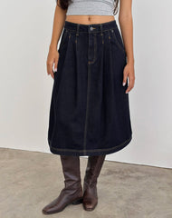 Pleated Midi Denim Skirt in Indigo
