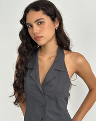 Mikanu Button Down Halterneck Blouse in Charcoal Grey