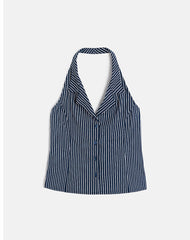 Mikanu Halterneck Blouse in Pinstripe Navy