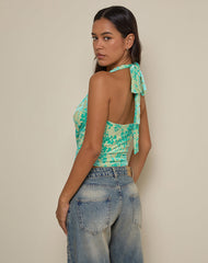 Minova Cowl Neck Top in Floral Flock Green and Blue