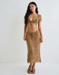 Diora Tie Front Skirt in Crochet Camel