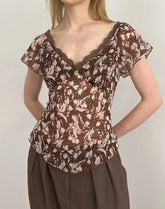 Misaki Top in Chiffon Polka Flower Brown