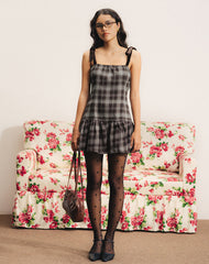 Miyori Square Neck Mini Dress in Grey Check