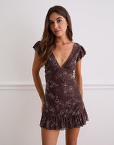 Motarika Mini Dress in Doodle Flower Flock Brown