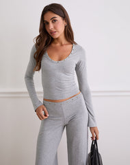 Myoga Studded Scoop Long Sleeve Top in Grey Marl