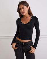 Myoga Studded Scoop Long Sleeve Top in Black