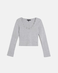 Myoga Studded Scoop Long Sleeve Top in Grey Marl
