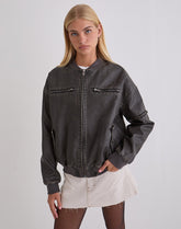 Marco Distressed Bomber Jacket in PU Charcoal