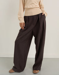 Nala Wide Pleated Trouser in Dark Brown Pinstripe
