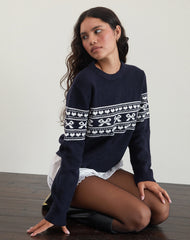 Namirta Knitted Jumper in Peacoat with Fairisle Bow